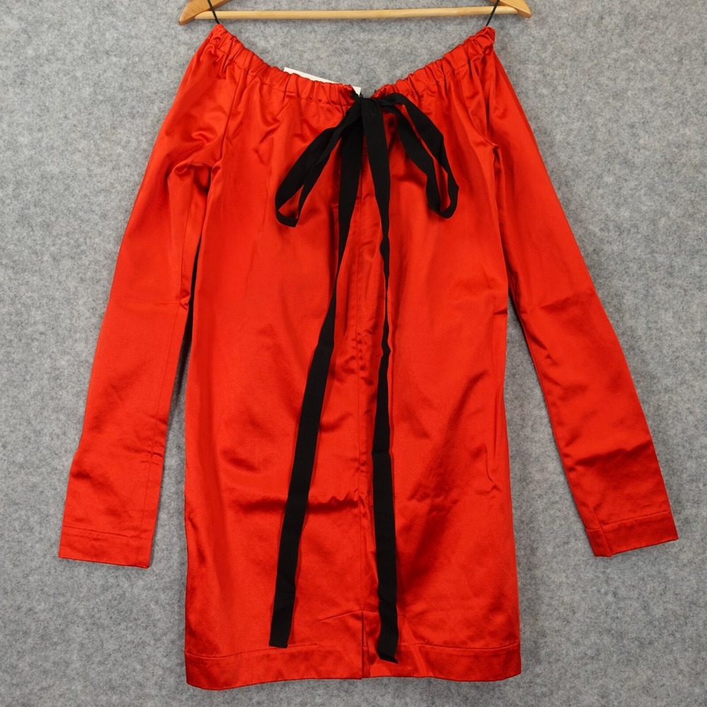Red Satin Bow Cocktail Mini Dress M Shift Party ISA ARFEN Holiday ITALY NEW $650